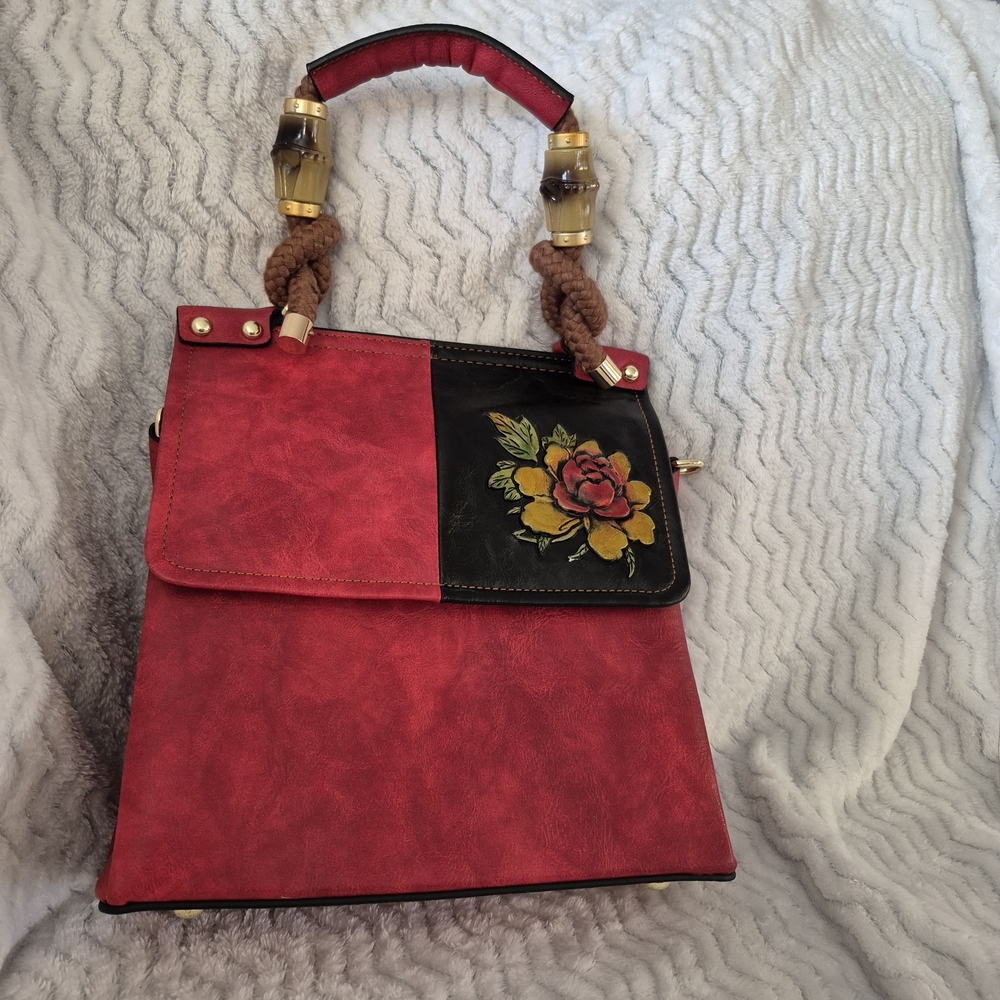 Elegant Red and Black Floral  PU Leather Women's Bag w/Striking Embossed Flower